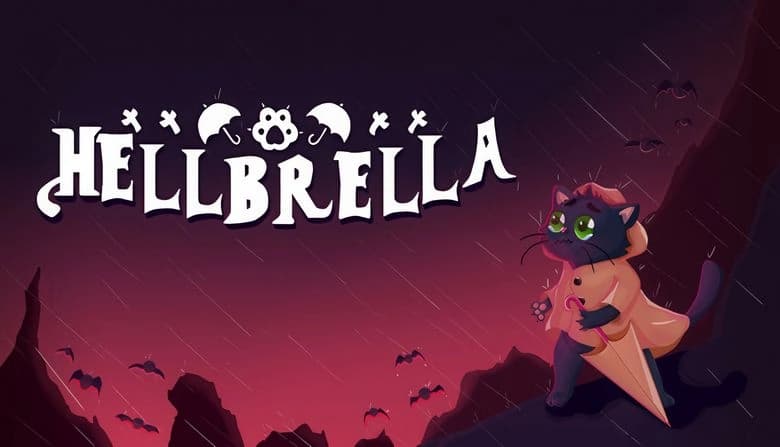 A black cat in a yellow raincoat grips an umbrella, standing in rain as bats swoop against a dark red, ominous sky.