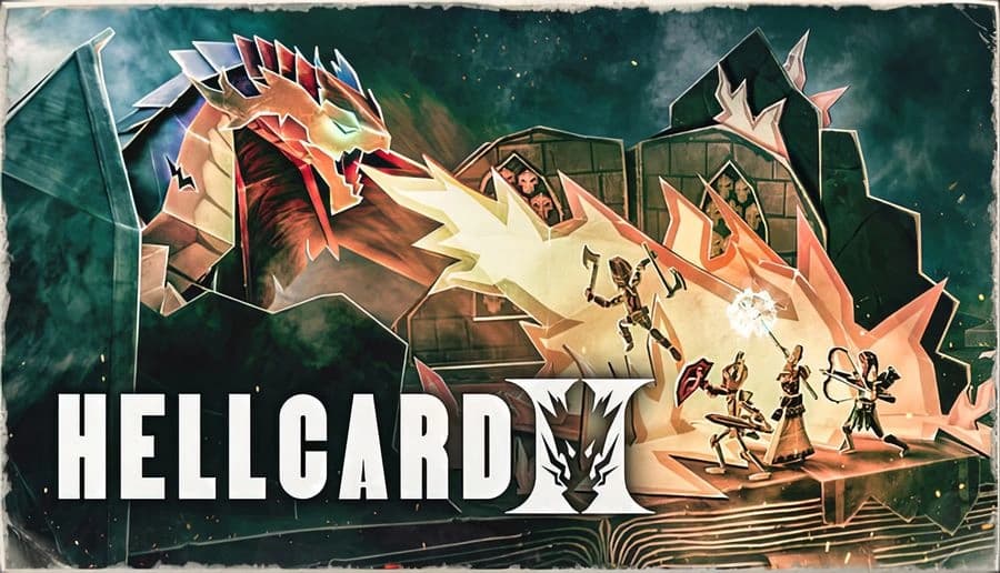HELLCARD II: Paper heroes battle a fire-breathing red dragon above an open book dungeon with dark cliffs behind.