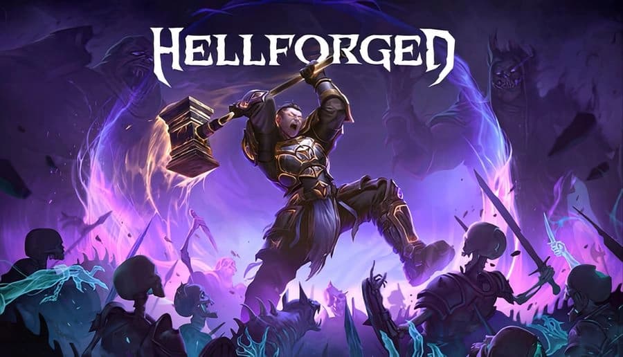 Hellforged: White-haired armored warrior raises a huge hammer amid swirling purple portal and shadowy demons.