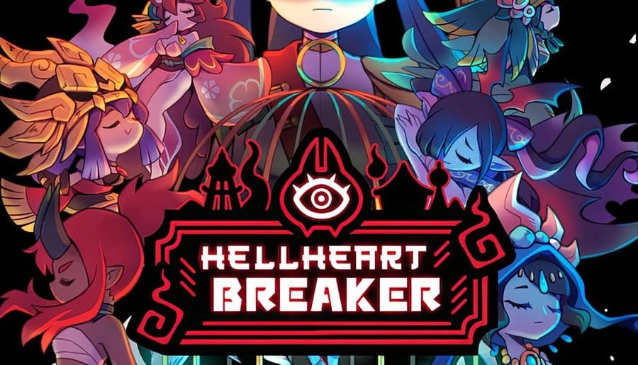 HellHeart Breaker: Four anime monster women surround a glowing title emblem dark underworld backdrop with neon highlights.