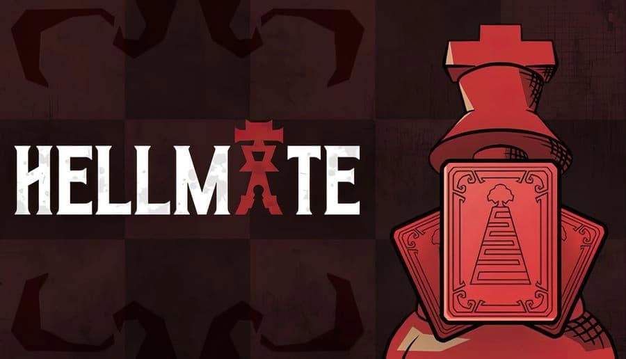 Hellmate: Red chess piece king with skull emblem on card, facing left against dark patterned background.