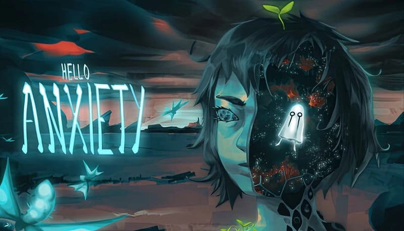 Hello Anxiety: Young woman with starry face, ghostly form embedded, gazes over surreal, dark landscape under stormy sky.