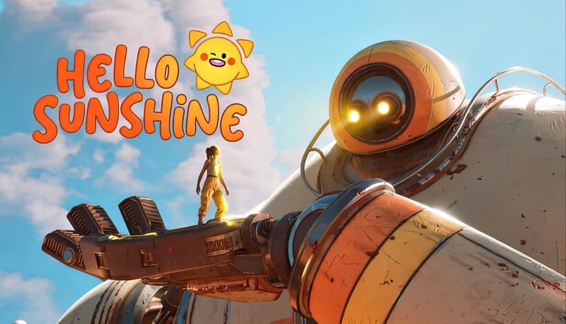 Hello Sunshine: Young woman stands on giant robot's hand under blue sky with fluffy clouds, one glowing eye visible.