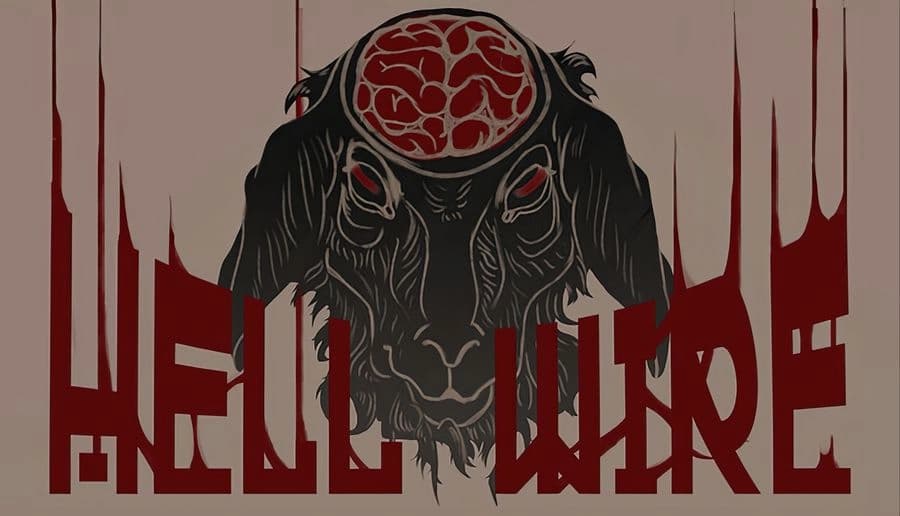 Hellwire: black goat head with exposed brain and glowing red eyes framed by dripping red wires on pale background.