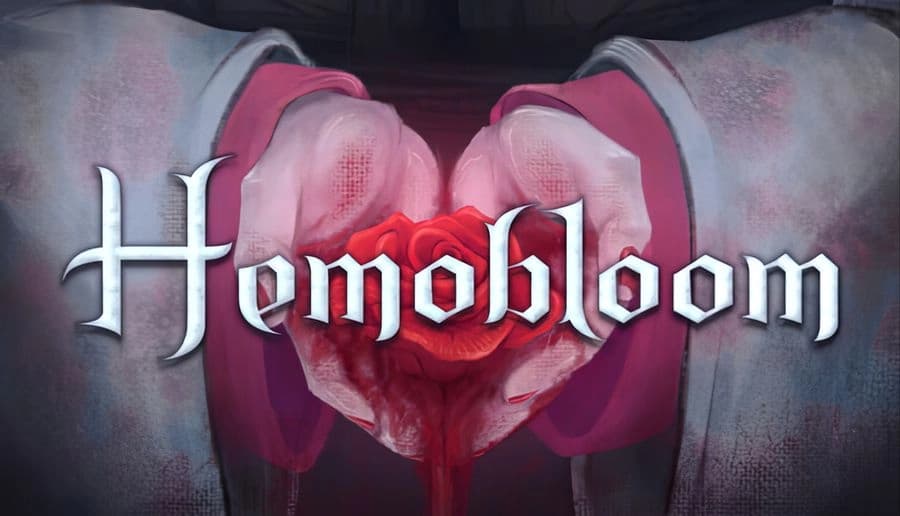 Hemobloom: Hands grasping a red rose pouring blood against a dark, shadowy background, emphasizing a horror theme.