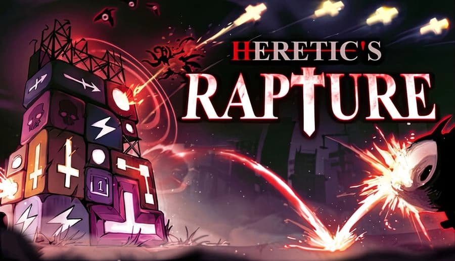 Heretic’s Rapture: Blocky tower with glowing crosses and lightning shoots at demons in a smoky battlefield under fireballs.