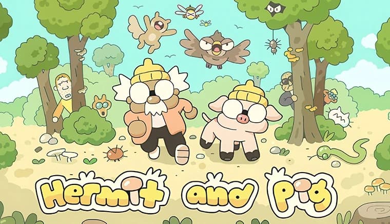 Elderly man in yellow beanie and pink pig sprint through lush forest, with owls, snakes, bees, and men peeking from trees.