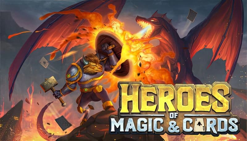 Heroes of Magic & Cards: Lion knight shields against fierce dragon's fire in a volcanic battle scene with flying magical cards.