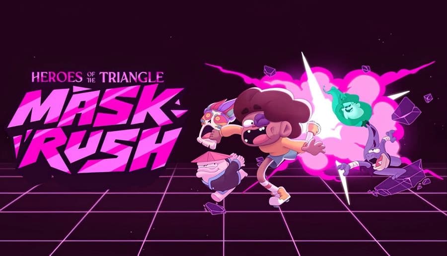 Heroes of the Triangle: four cartoon fighters sprint and punch through purple smoke burst on neon grid arena background.