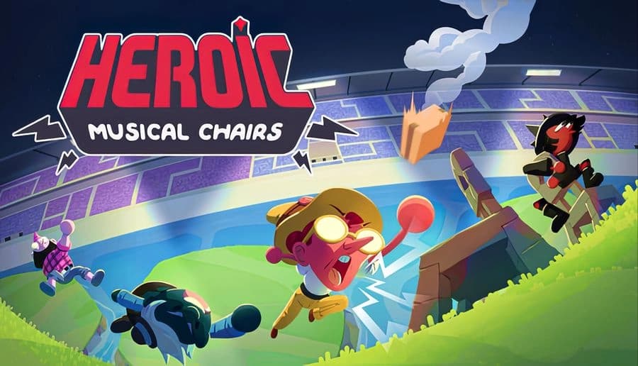 Heroic Musical Chairs: three tiny helmeted racers tumble and leap near stadium seats in a futuristic arena with grass bank.
