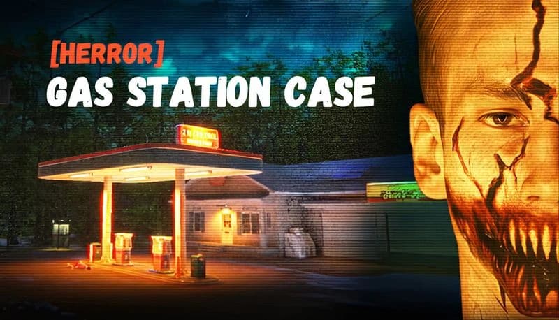 [HERROR] Gas Station Case: Male face with sinister scars next to a dimly lit gas station at night, surrounded by dark trees.