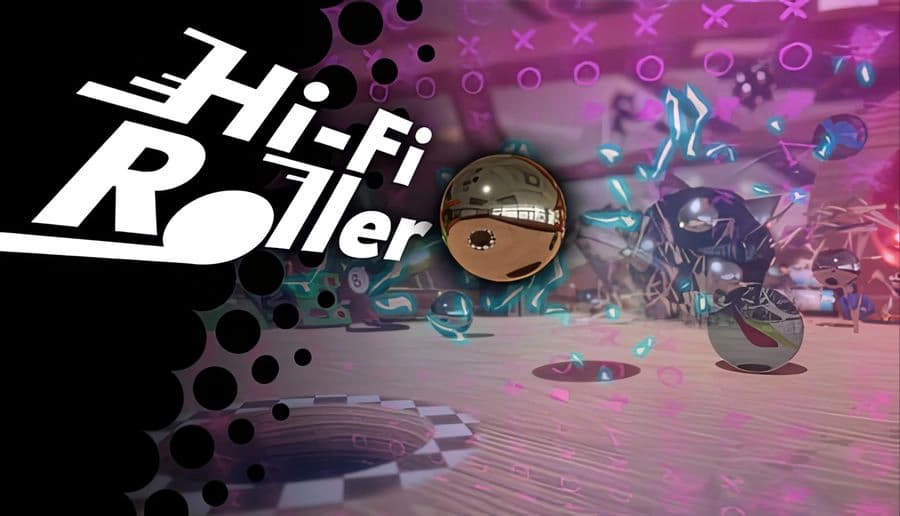 Hi-Fi Roller: reflective steel marble with copper core floating beside glowing blue sparks on purple abstract backdrop.