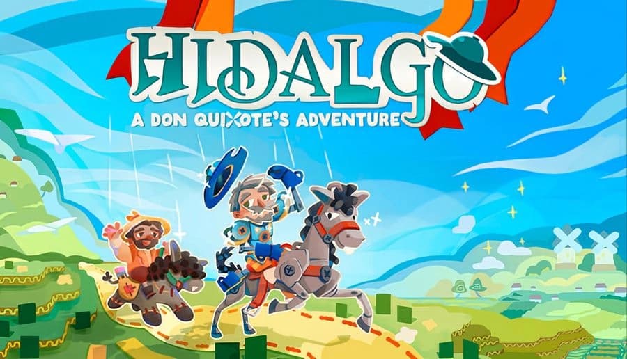 Hidalgo: armored knight rides a gray horse beside a plump squire holding a club on rolling hills under blue sky.