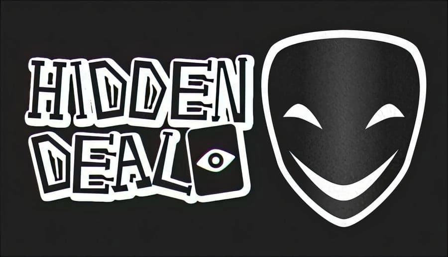 Hidden Deal: Grinning black mask icon with narrow eyes beside bold block lettering on a dark textured background.