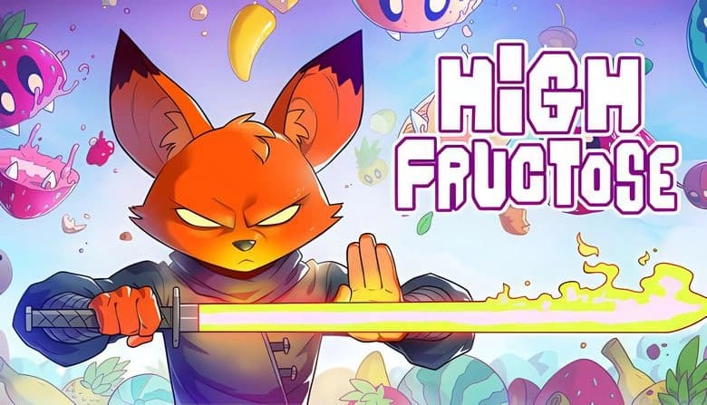 High Fructose: Orange fox warrior wields glowing sword, slicing mutant fruit in vibrant orchard with floating fruit faces.