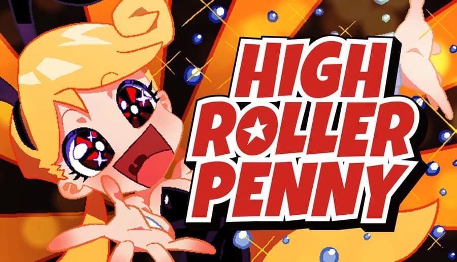 High Roller Penny: blond bunny girl shouting with starry eyes as blue balls fly around her in orange arcade glow.