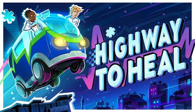 A futuristic paramedic van launches into the air with two distressed paramedics inside, soaring over a neon-lit cityscape.