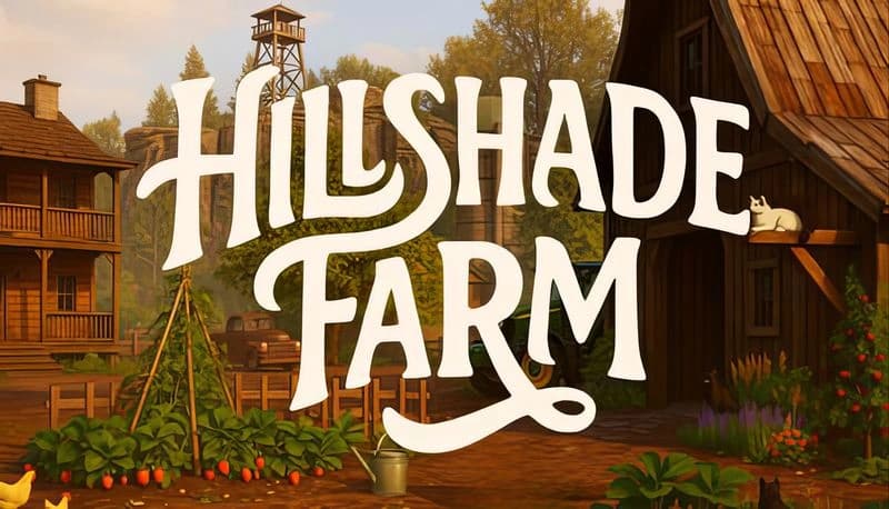 Hillshade Farm: Cat resting on rustic porch, lush garden with tomatoes, wooden buildings, water tower, and trees in backdrop.
