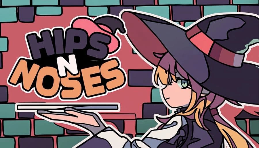 HIPS N NOSES: Young witch waitress holds out empty tray, smiling beside café sign against colorful brick wall.