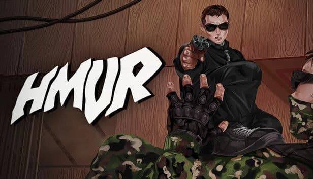 HMUR: Young man in black, sunglasses, aims sawed-off shotgun, foot on man in camo. Wood panel backdrop.