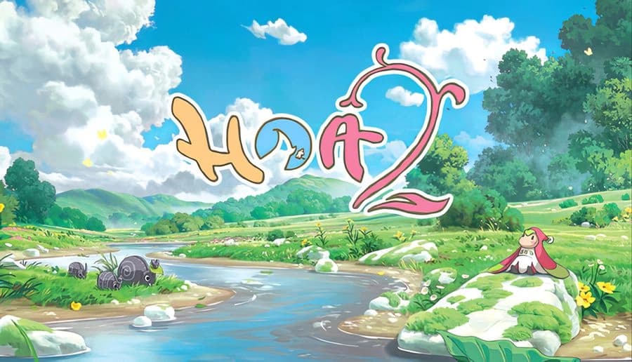 Hoa 2: Young girl sits on mossy rock by a winding stream, with green hills, flowers, and big clouds behind.