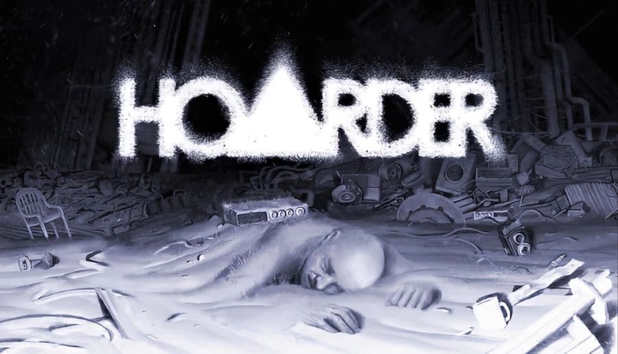 Hoarder: bald man crawls on a cluttered floor amid trash, scattered appliances, and looming white smoke in a dark room.