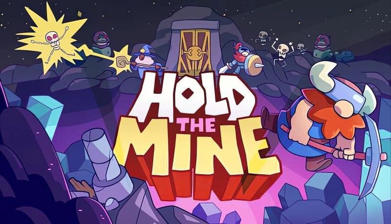Hold The Mine: Viking mining as skeletons and monsters charge in rocky cavern with glowing crystals and door backdrop.