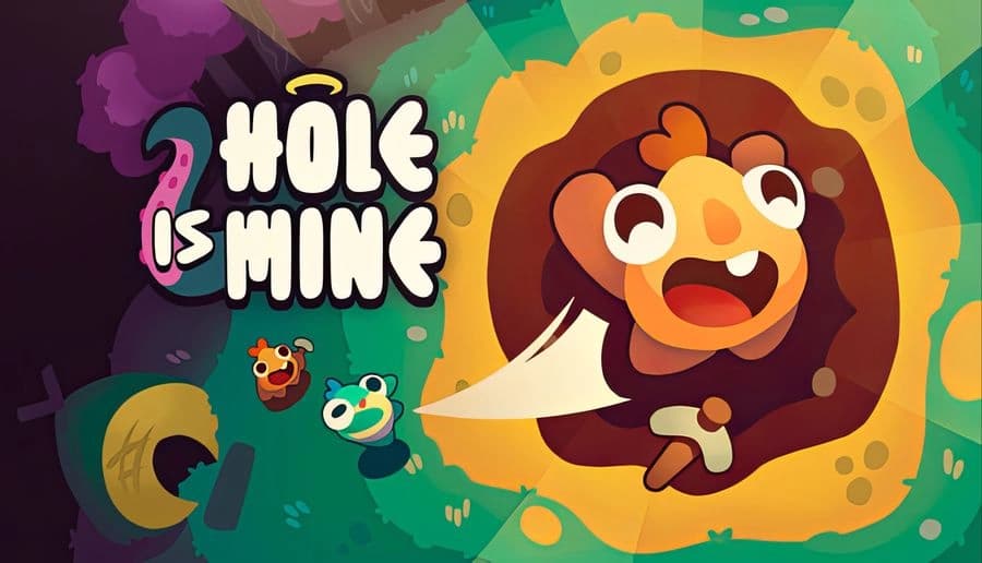 Hole Is Mine: Cartoon boy with open mouth reaches toward glowing hole, with small animal faces on green background.