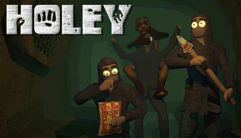 Holey: Three cartoon men in dark tunnel, one holds popcorn, another lifts a zombie, third wields a spear with bloody tip.