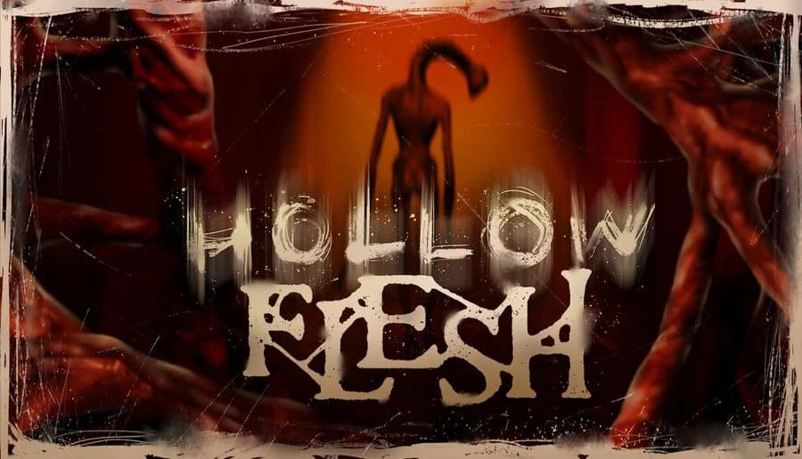 Hollow Flesh: twisted horned shadow figure looms over the title text framed by red, sinewy fleshy walls.