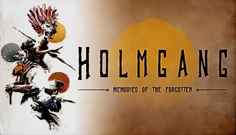 HOLMGANG: Three warriors in dynamic poses against a textured background, each with distinct weapons and vibrant headdresses.