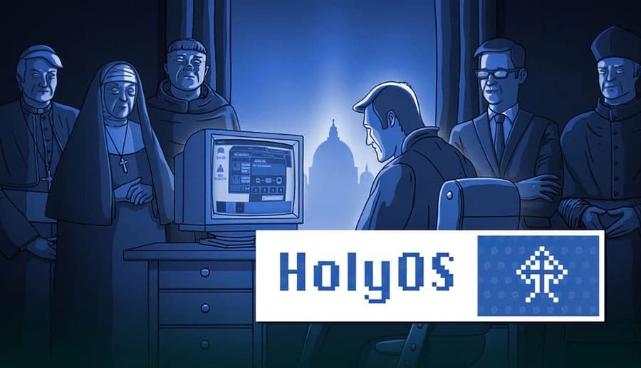 HolyOS: priest at a computer while nuns and clergy watch in a blue-lit Vatican office with dome silhouette.