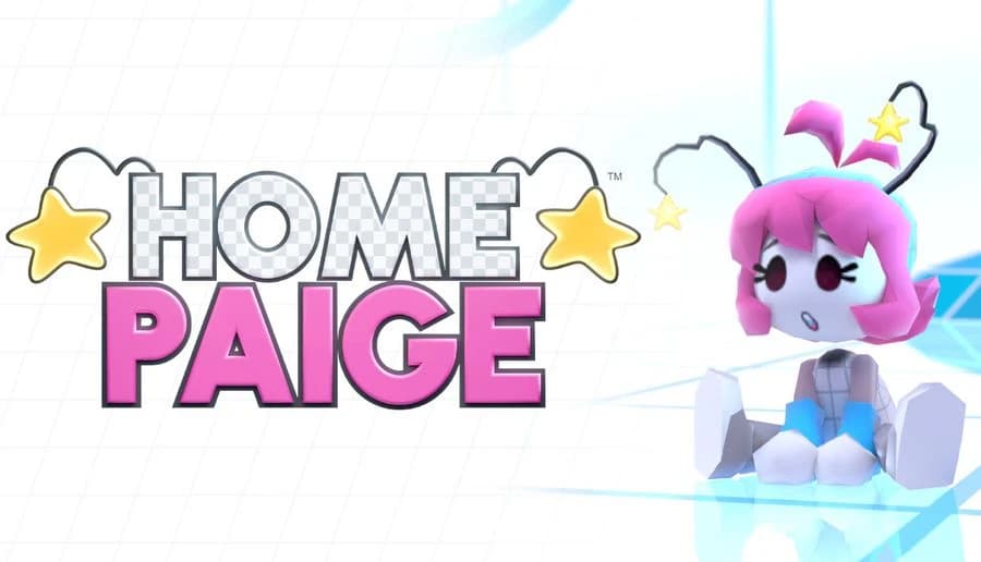 Home Paige: Small pink-haired girl with star antennae sits with bent knees on glowing blue grid platform.
