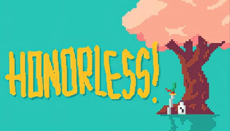 HONORLESS!: Pixelated pink tree above reflective water, katana stuck in ground, bottle nearby under bright teal sky.