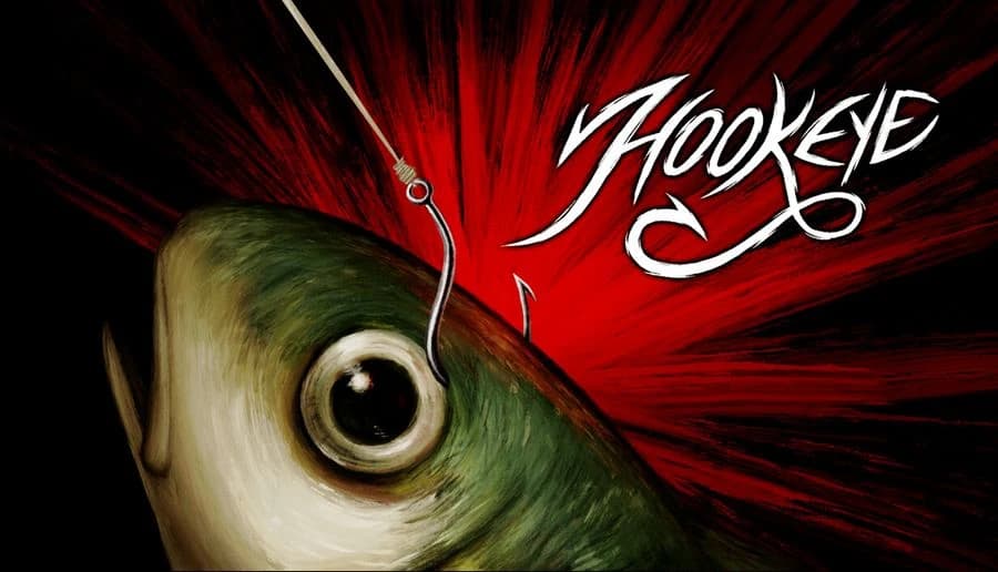 Hookeye: Close-up fish head with huge glossy eye and fishing hook above, against red-black burst background.