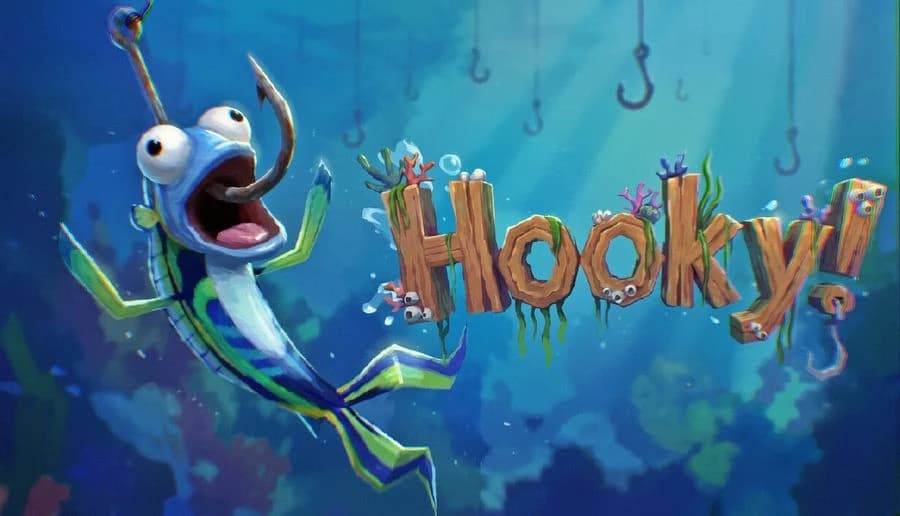 Hooky: Three cartoon fish stare upward in shock beneath seaweed-draped wooden letters, underwater reef backdrop.