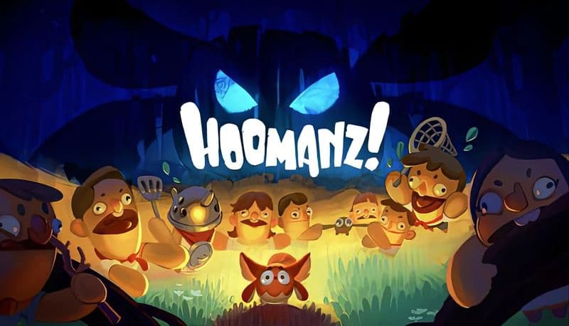 Hoomanz!: Group of cartoon humans with tools surround a small creature in a forest clearing under glowing eyes in darkness.