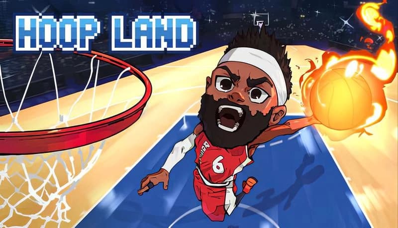 Hoop Land: Bearded player dunking flaming ball in crowded arena, wearing red jersey, white headband, intense expression.