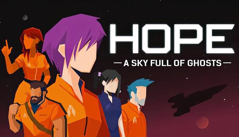 Hope: Diverse crew in orange suits stand against a starry space backdrop, spaceship silhouette visible in distance.