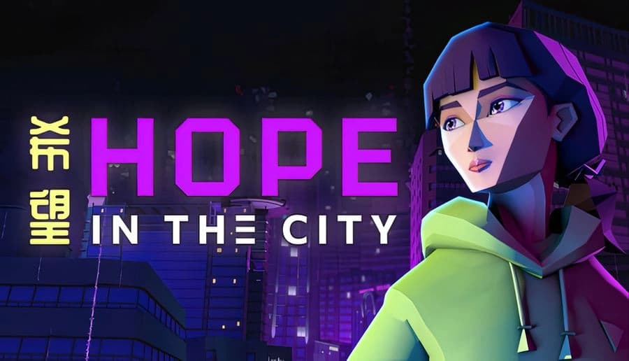 Hope in the City: young woman in green hoodie looks right beside neon purple title, city skyscrapers at night backdrop.