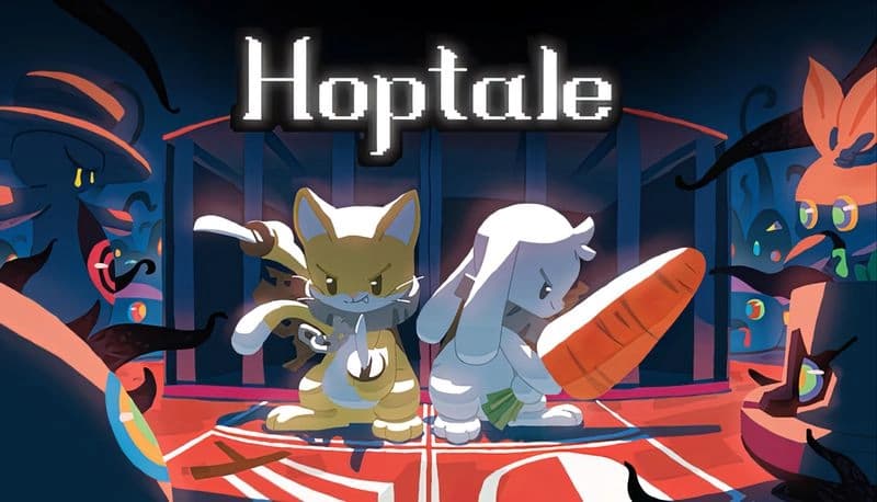 Hoptale: A cat and rabbit wielding weapons stand poised for battle on a red platform, surrounded by dark tentacles.
