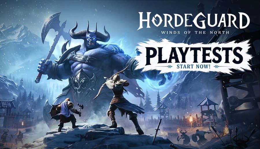 Hordeguard: horned blue giant warrior raises axe and casts icy magic in a snowy mountain battlefield at night.