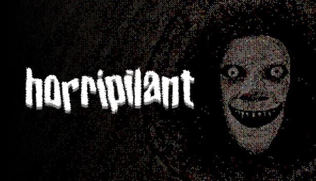 Horripilant: Grinning face with wide eyes emerges from shadowy darkness, displaying pixelated texture and eerie presence.