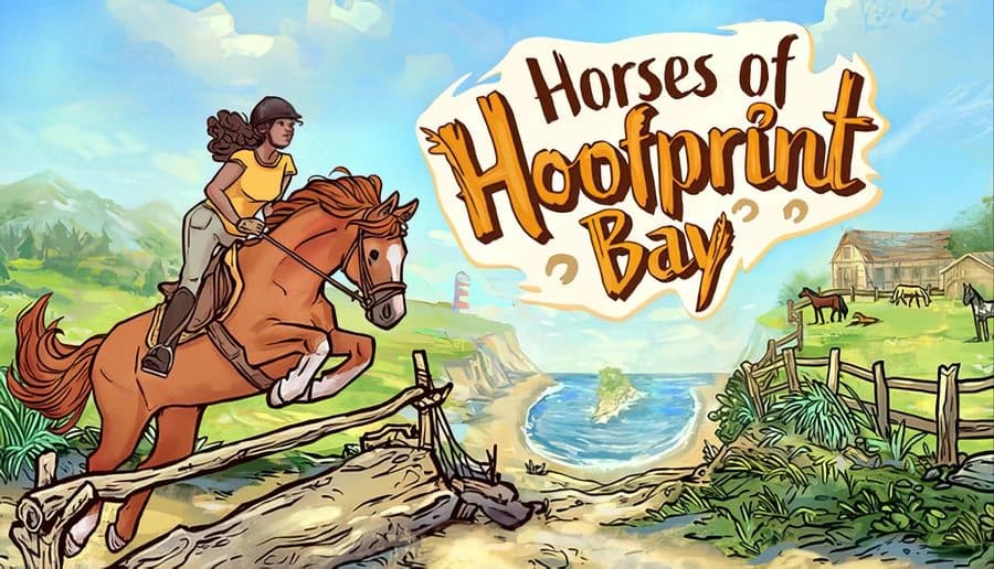 Horses of Hoofprint Bay: young girl riding galloping chestnut horse on cliff path above bay and fenced farm.