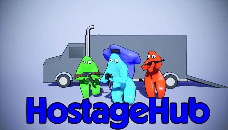 HostageHub: Colorful blob creatures with guns stand alertly in front of a gray truck, suggesting a heist or action scene.