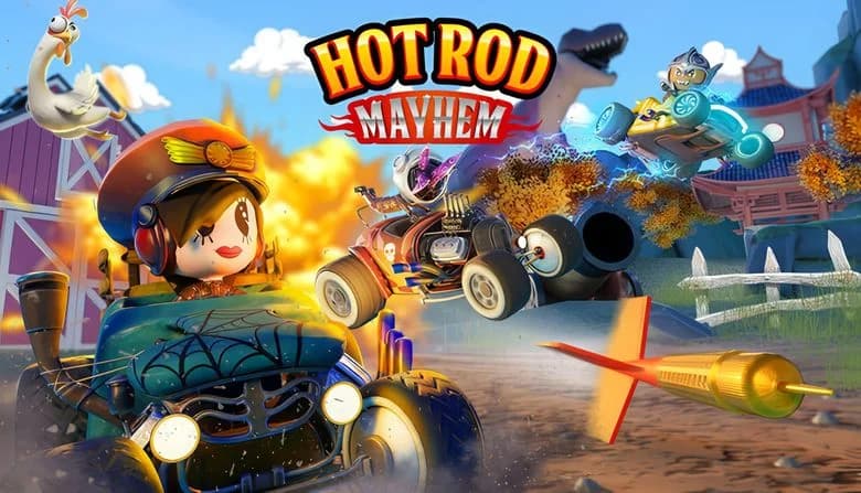 Hot Rod Mayhem: Young girl in aviator hat races colorful hot rods past barn and dinosaur, rocket dart in foreground.