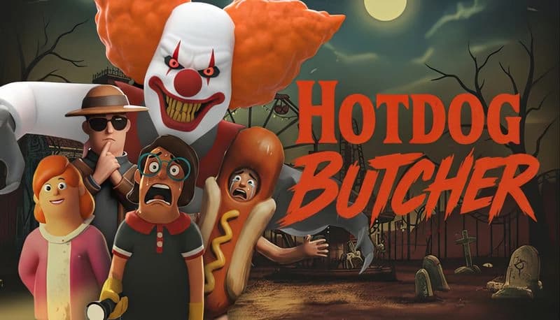Hotdog Butcher: Clown with large claws looms over two scared men, a nervous woman, and a terrified hotdog costume boy in a graveyard.