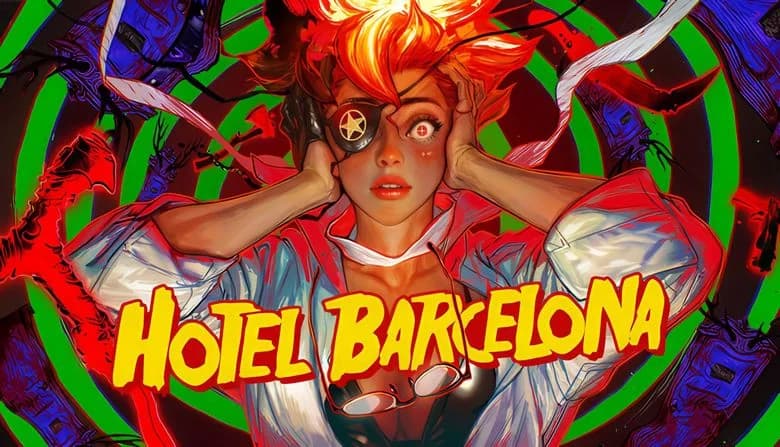 A woman with vivid orange hair and an eyepatch holds her head, surrounded by a swirling, colorful vortex and glowing weapons.