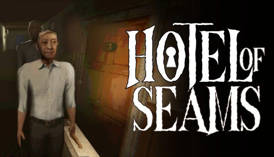 Hotel of Seams: elderly man in white shirt stands in dim hotel corridor with door number 3 and shadowy figure behind him.