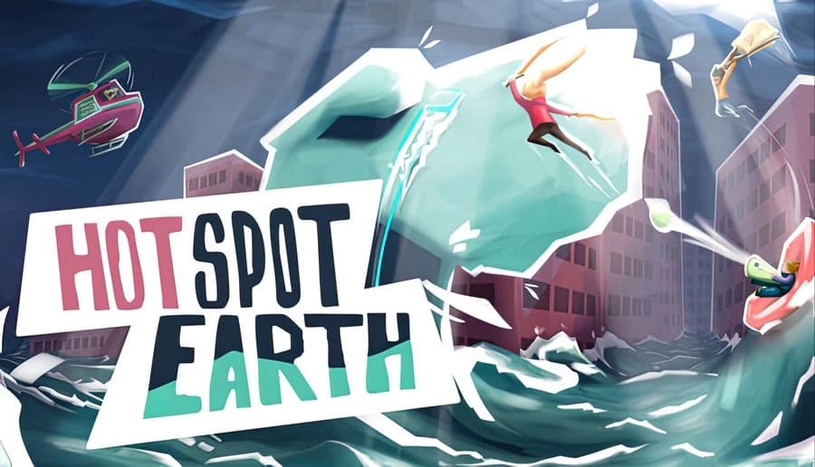 Hotspot Earth: Giant wave smashes city blocks as two people tumble through the air amid debris and spray.